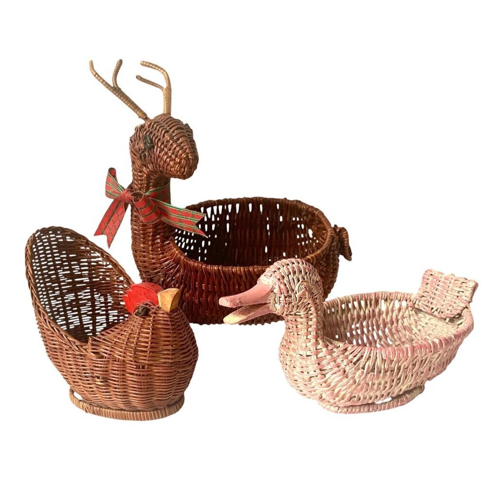 3 Vintage Wicker Rattan Baskets Deer Duck Rooster